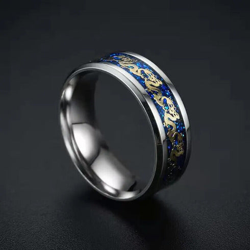 Men 8mm Tungsten Beveled Edges Silver & Blue Celtic Gold Dragon Comfort-Fit Band